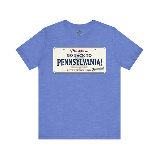 Knox Nixon Please Go Back To Pennsylvania New Plate license plate graphic T-shirt in heather Columbia blue