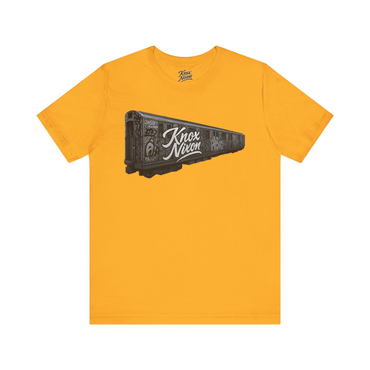 Knox Nixon 1st Stop graffiti subway train graphic T-shirt in yellow gold
