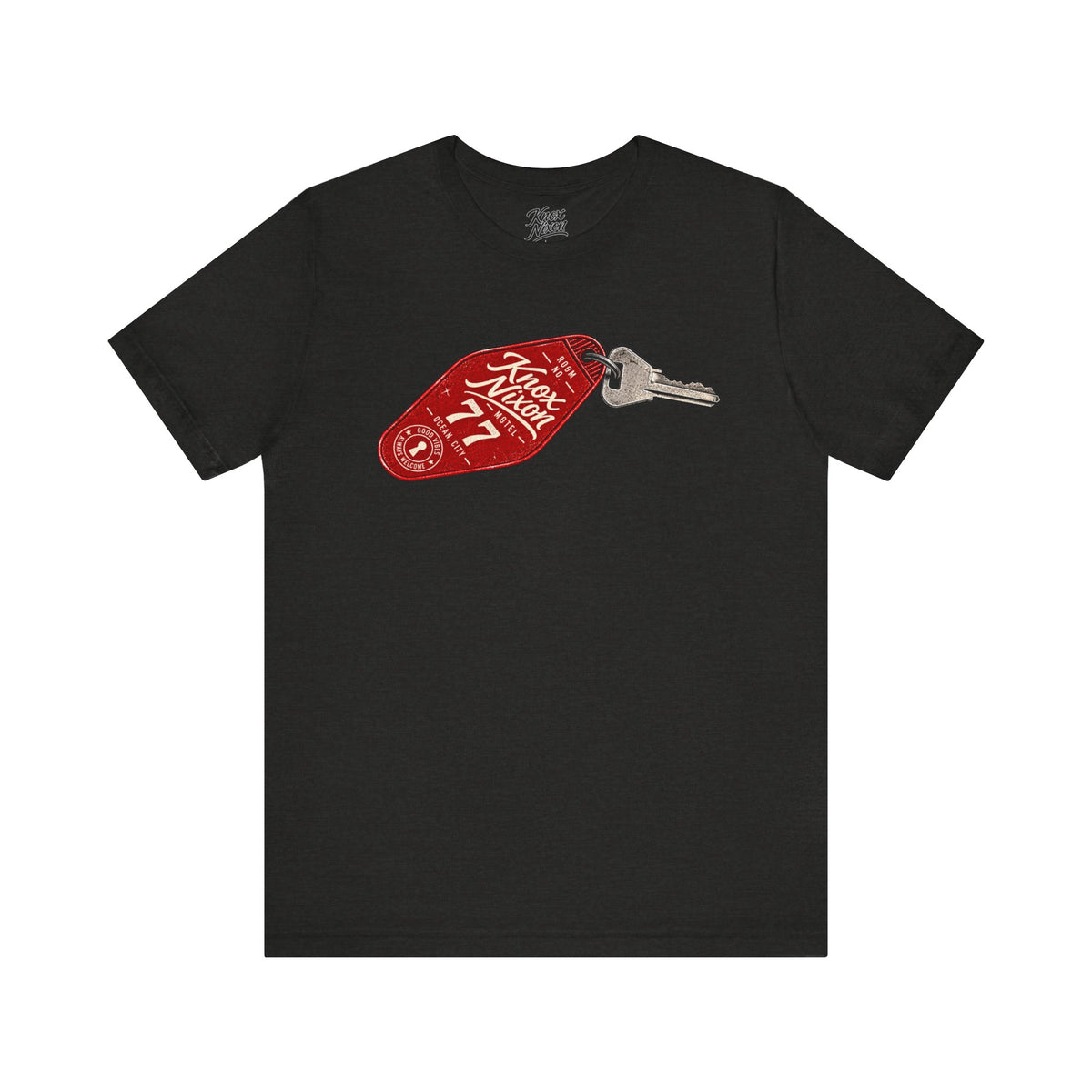 Knox Nixon After Hours Room 77 vintage motel key graphic T-shirt in black heather