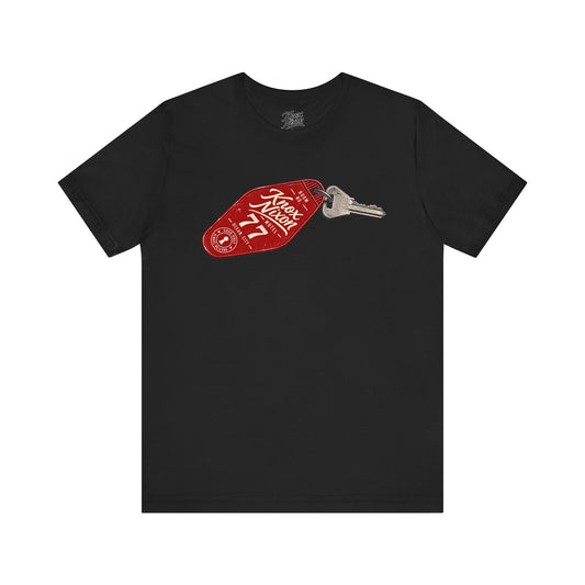 Knox Nixon After Hours Room 77 vintage motel key graphic T-shirt in black

