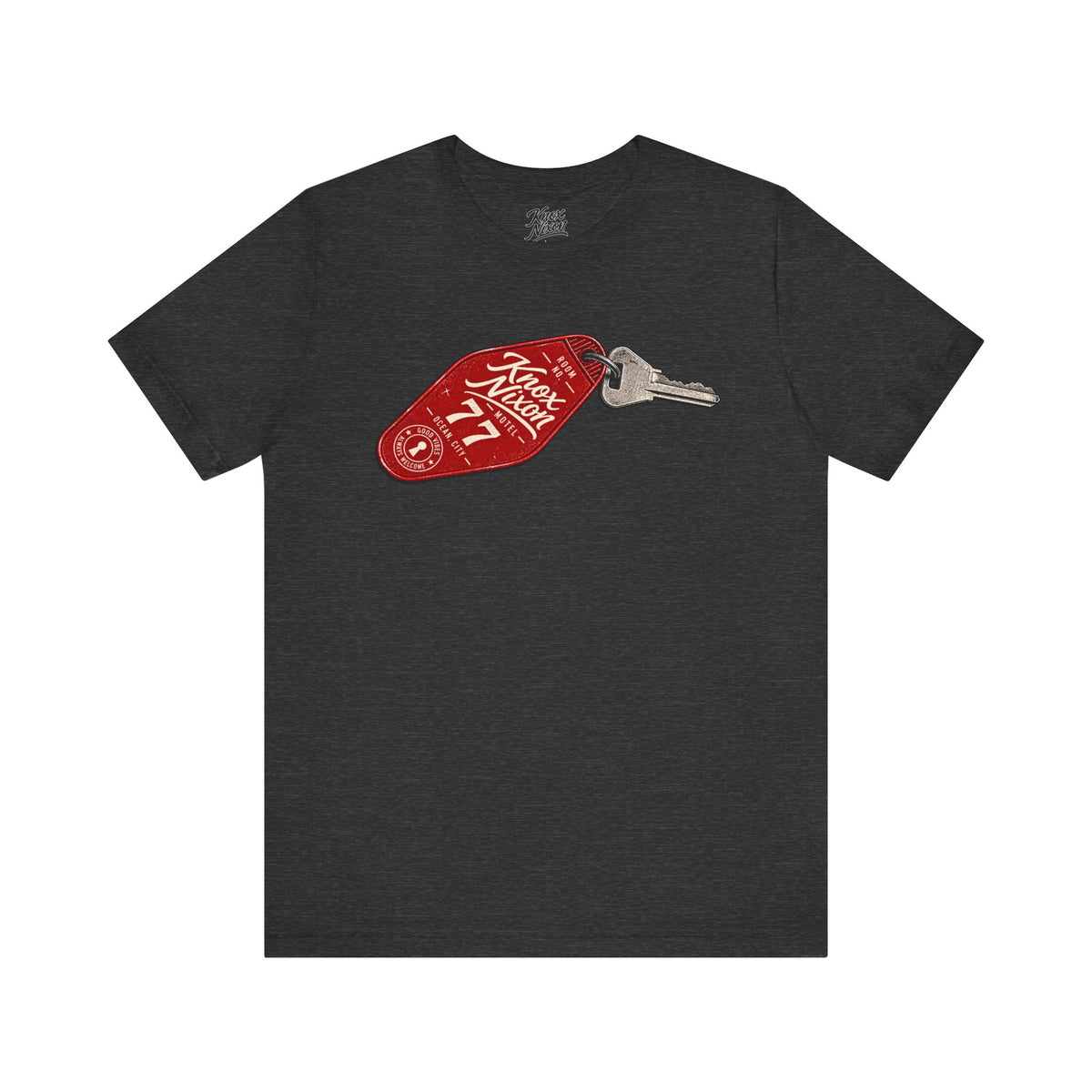Knox Nixon After Hours Room 77 vintage motel key graphic T-shirt in dark grey heather