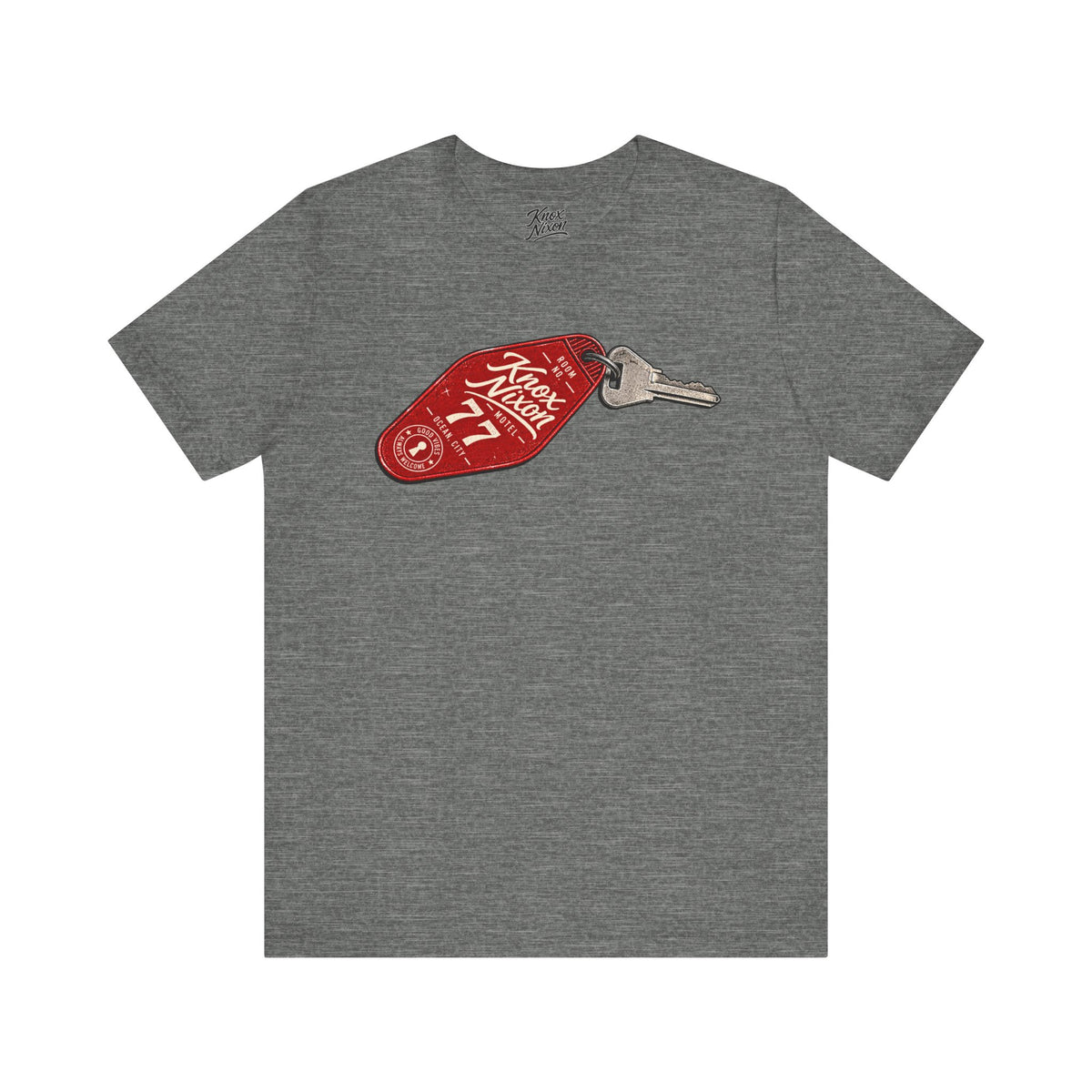 Knox Nixon After Hours Room 77 vintage motel key graphic T-shirt in deep heather grey