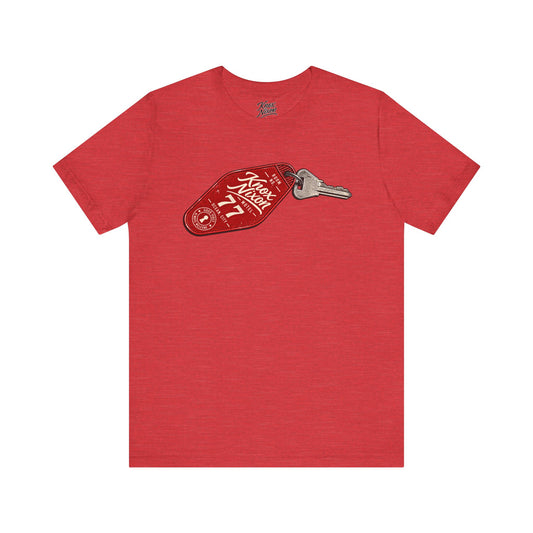 Knox Nixon After Hours Room 77 vintage motel key graphic T-shirt in heather red
