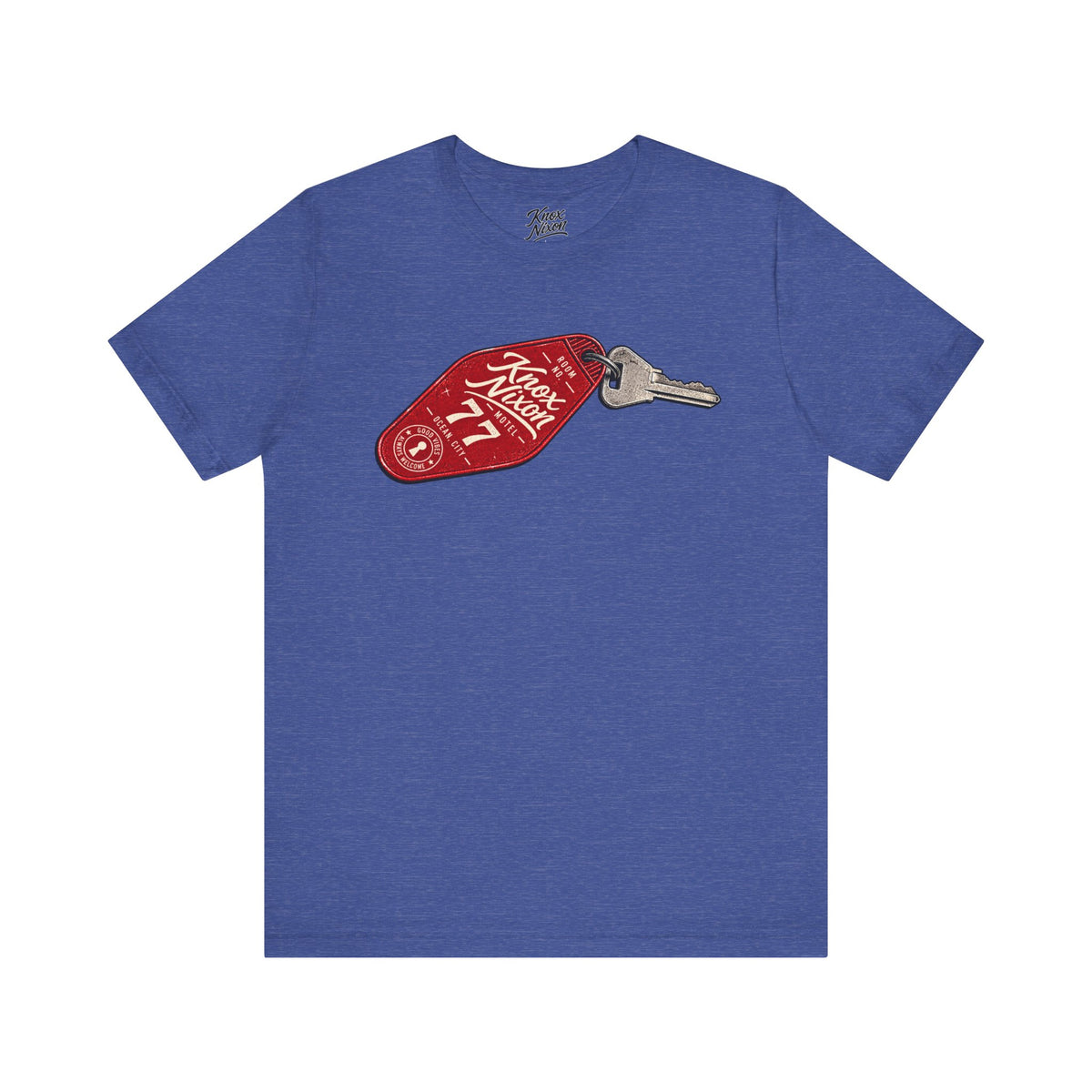 Knox Nixon After Hours Room 77 vintage motel key graphic T-shirt in heather true royal blue
