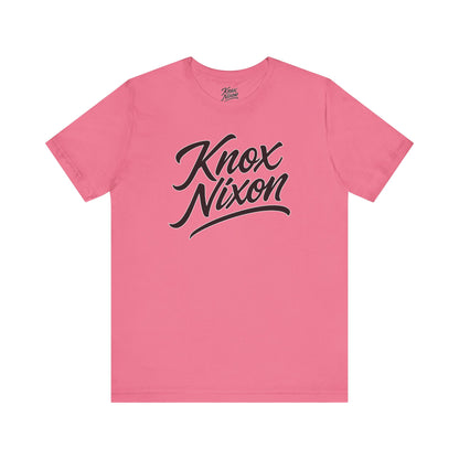 Knox Nixon Classic Stacked Logo Dark graphic T-shirt in charity pink
