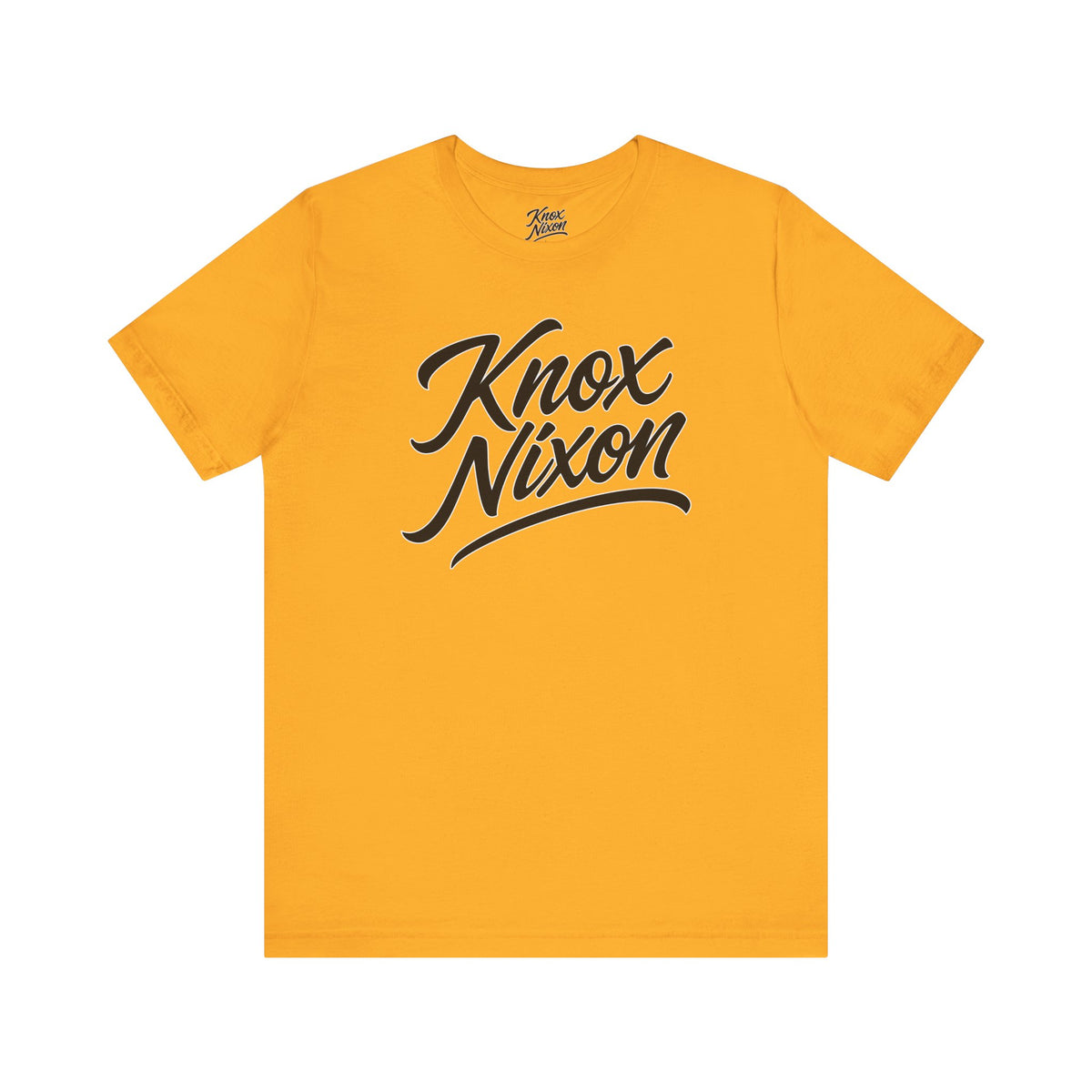 Knox Nixon Classic Stacked Logo Dark graphic T-shirt in yellow gold