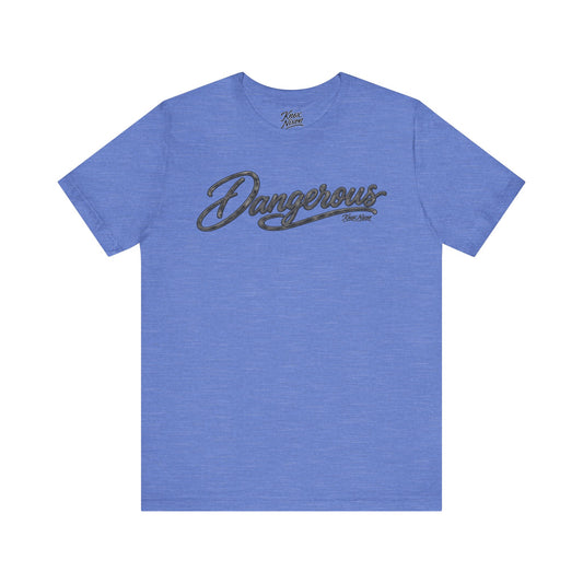 Knox Nixon DANGEROUS Dark retro script T-shirt in heather blue