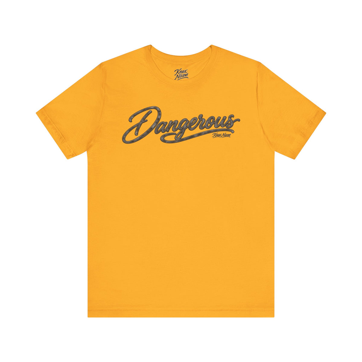 Knox Nixon DANGEROUS Dark vintage script graphic T-shirt in yellow gold