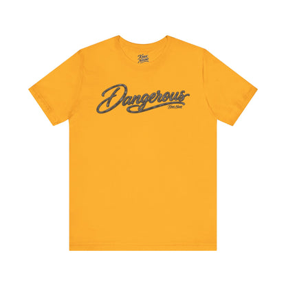 Knox Nixon DANGEROUS Dark vintage script graphic T-shirt in yellow gold