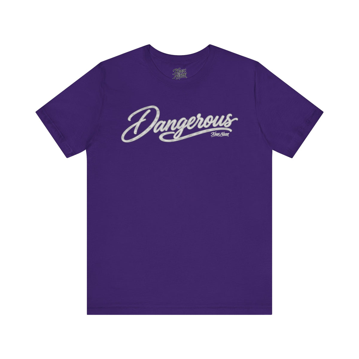 Knox Nixon DANGEROUS retro script graphic T-shirt in purple