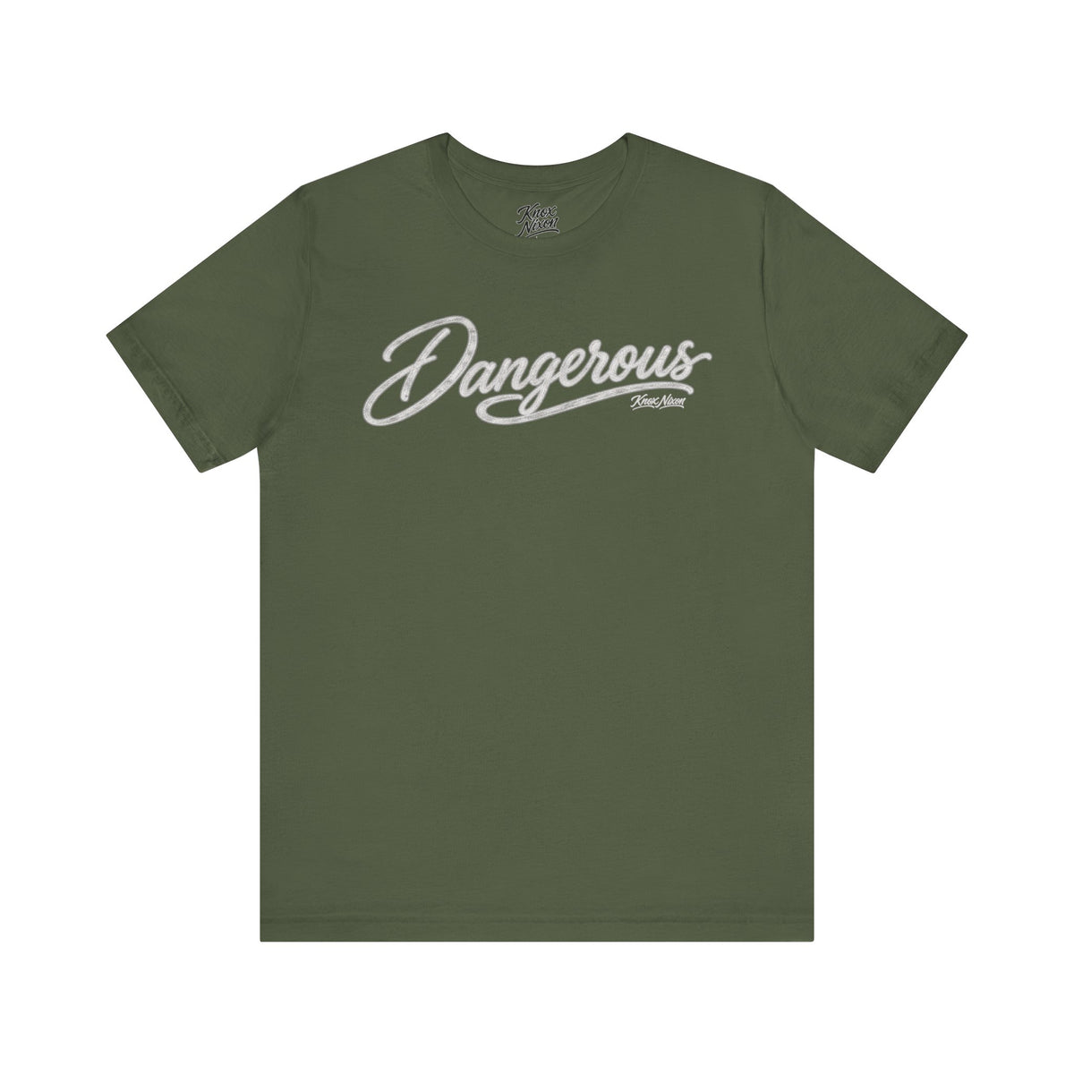 Knox Nixon DANGEROUS script graphic T-shirt in olive green