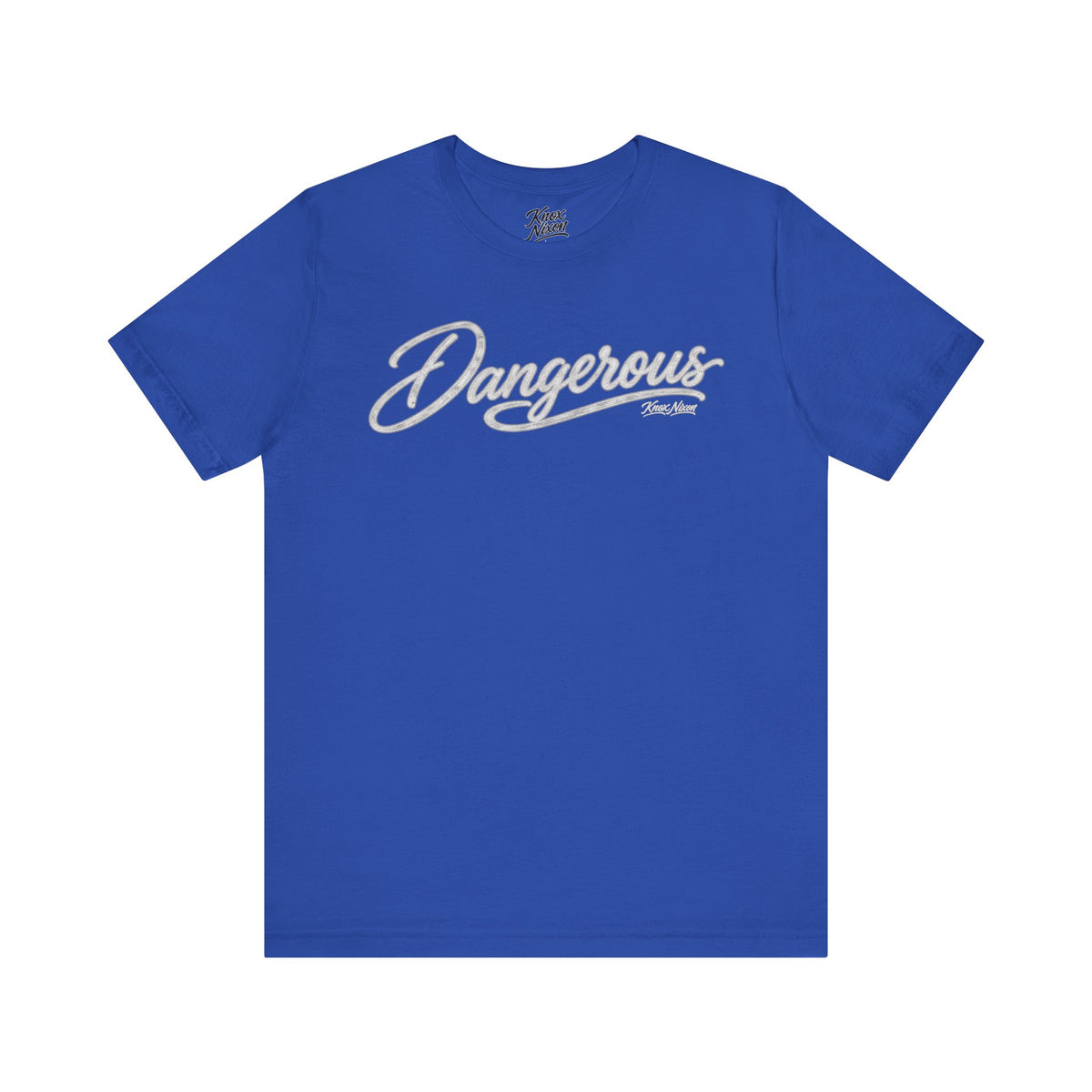 Knox Nixon DANGEROUS vintage script graphic T-shirt in royal blue