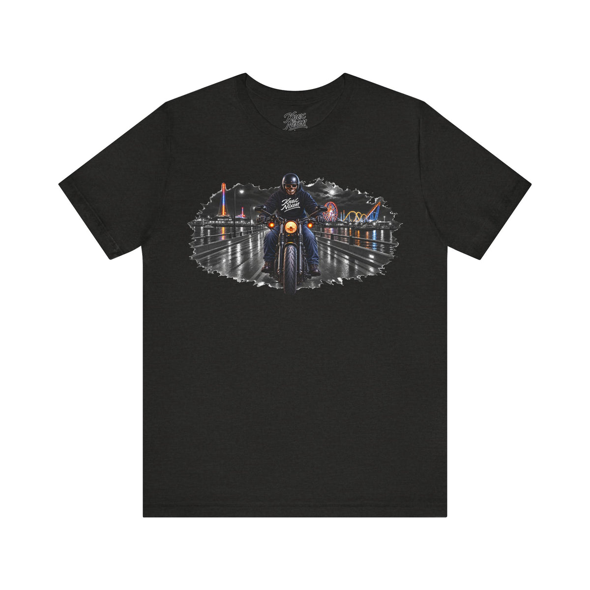 Knox Nixon DEAD OF SUMMER motorcycle and amusement rides graphic T-shirt in black heather