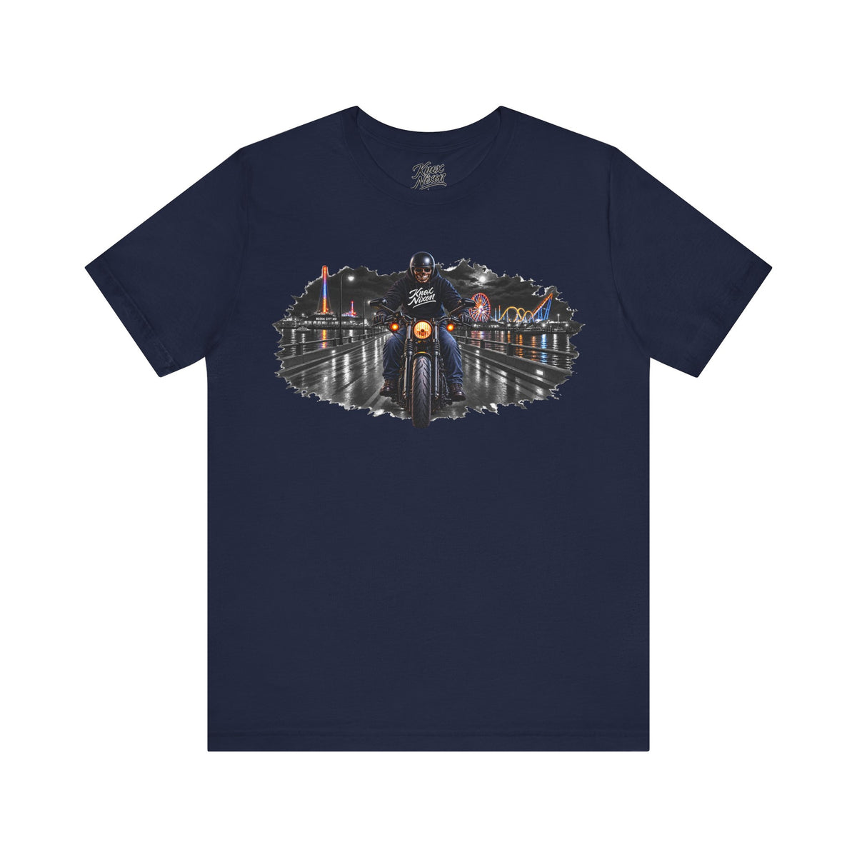 Knox Nixon DEAD OF SUMMER skull motorcycle rider T-shirt in navy blue
