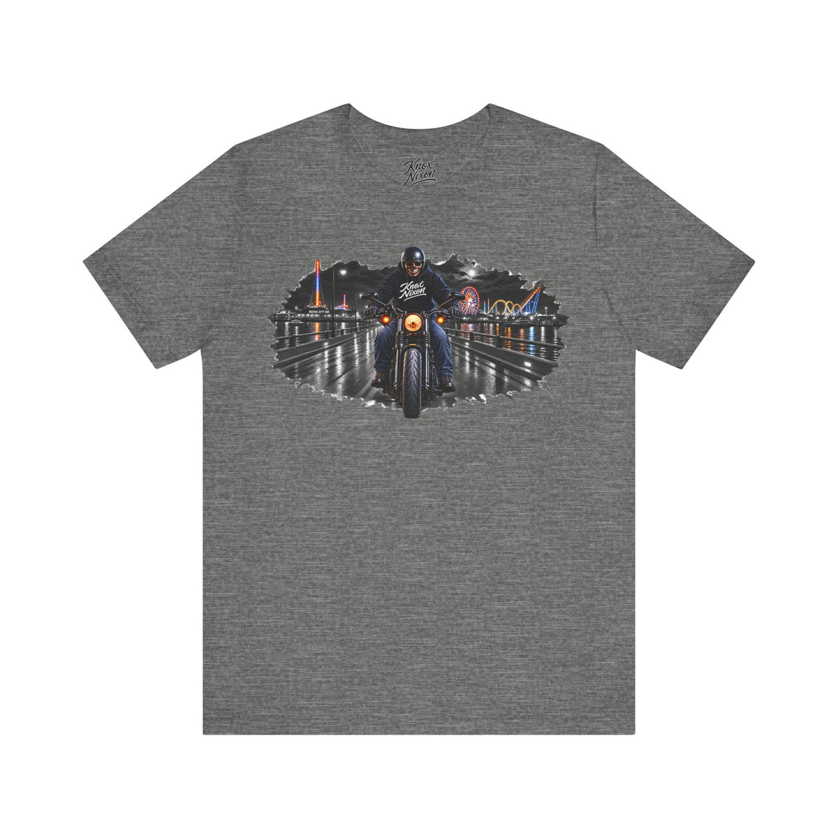 Knox Nixon DEAD OF SUMMER skull rider boardwalk graphic T-shirt in deep heather