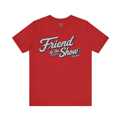 Knox Nixon FRIEND OF THE SHOW shimmering script graphic T-shirt in red