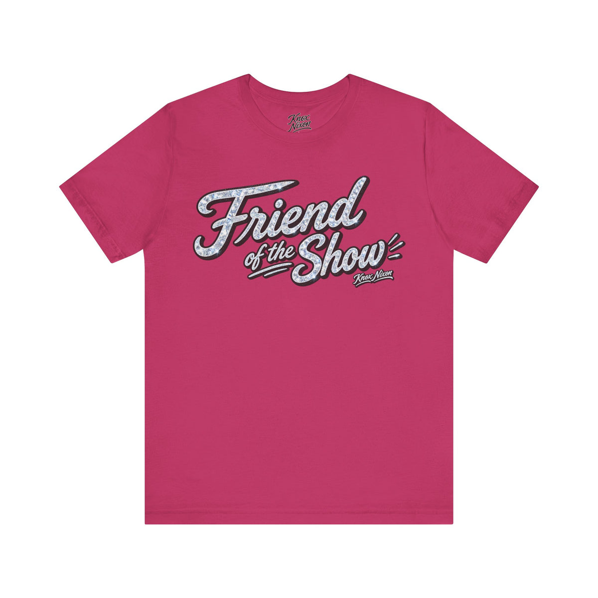 Knox Nixon FRIEND OF THE SHOW sparkle script graphic T-shirt in berry