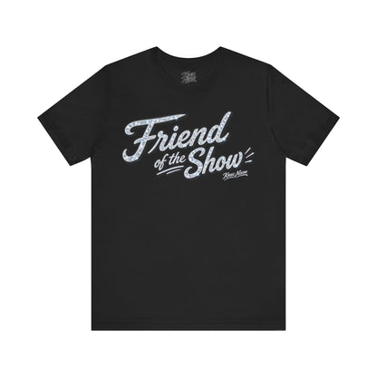 Knox Nixon FRIEND OF THE SHOW shimmering script graphic T-shirt in black
