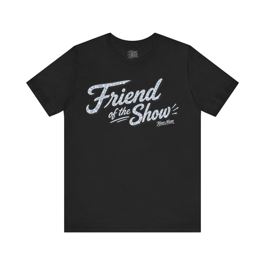 Knox Nixon FRIEND OF THE SHOW shimmering script graphic T-shirt in black