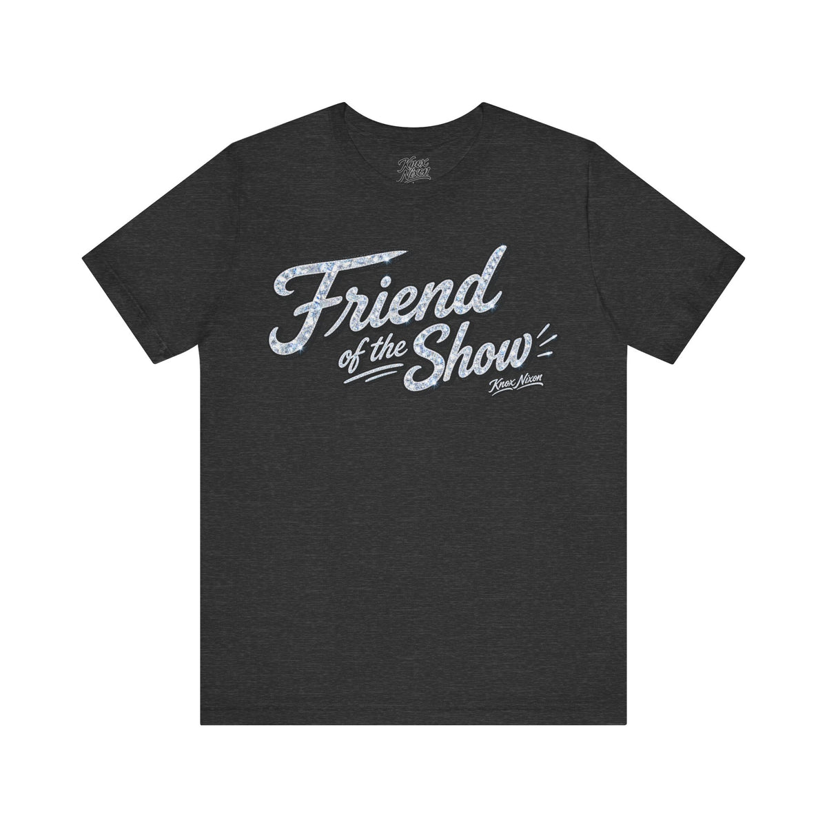Knox Nixon FRIEND OF THE SHOW retro script graphic T-shirt in dark grey heather
