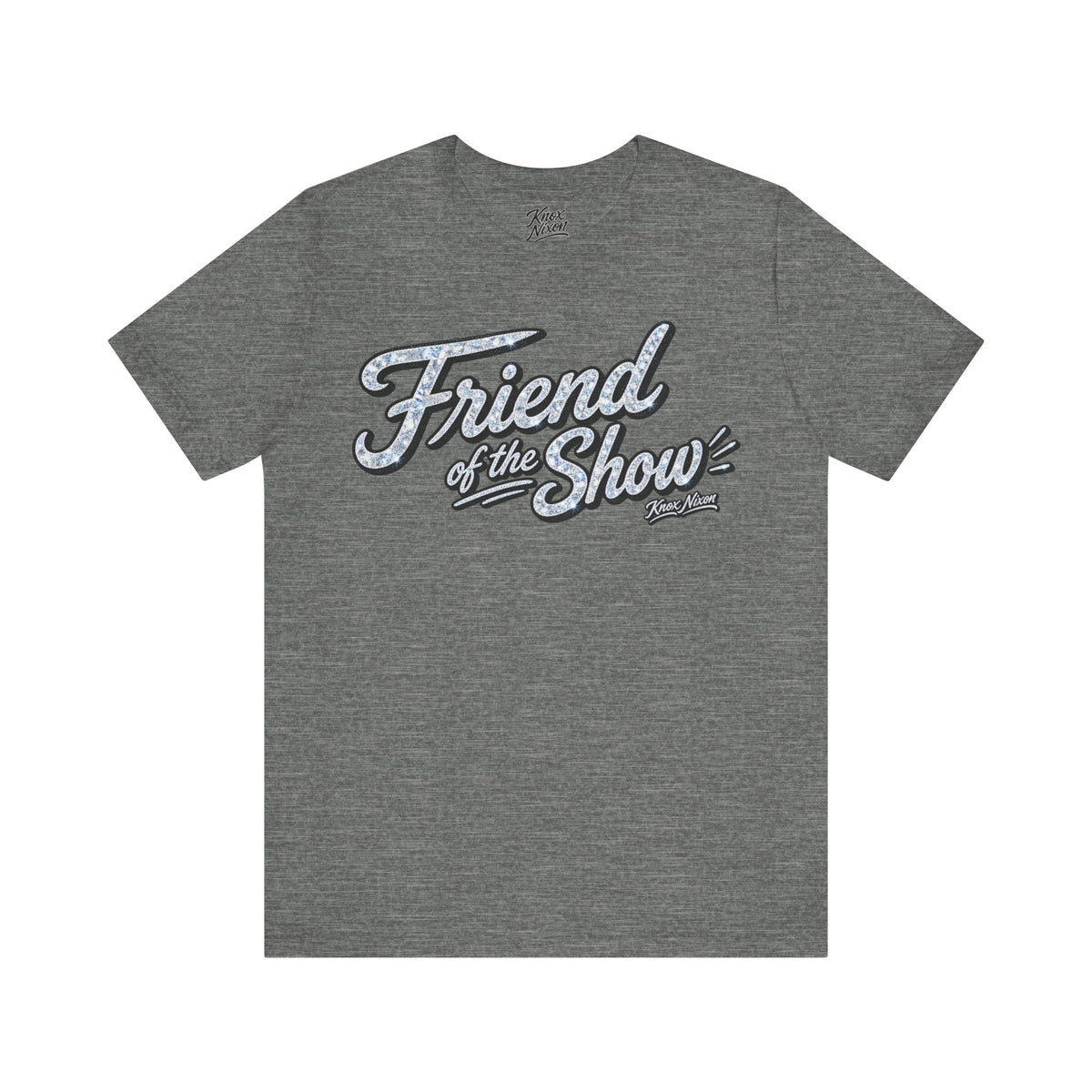 Knox Nixon FRIEND OF THE SHOW retro script graphic T-shirt in deep dark grey heather
