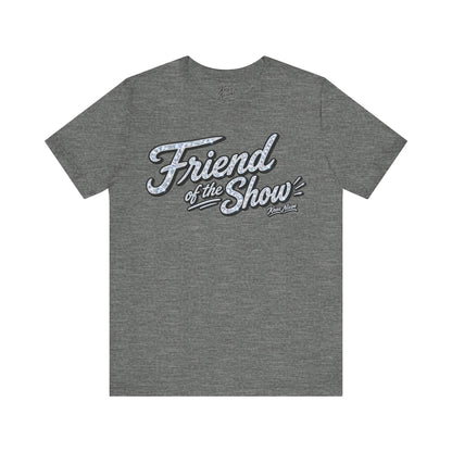 Knox Nixon FRIEND OF THE SHOW retro script graphic T-shirt in deep dark grey heather