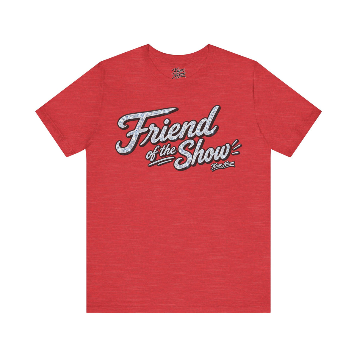 Knox Nixon FRIEND OF THE SHOW sparkle script graphic T-shirt in heather red