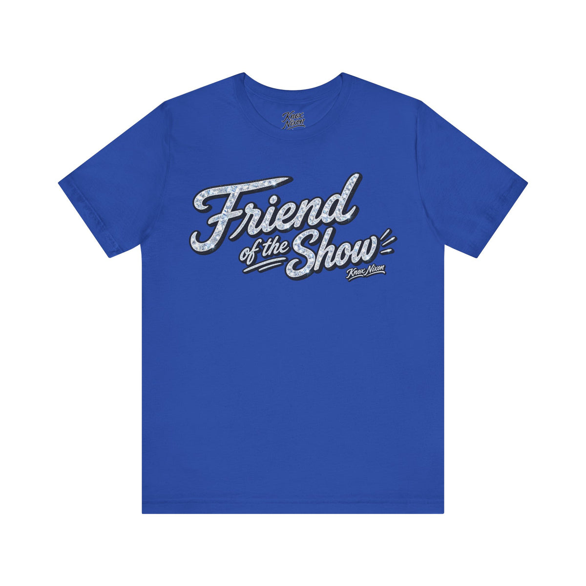 Knox Nixon FRIEND OF THE SHOW sparkling script T-shirt in royal blue