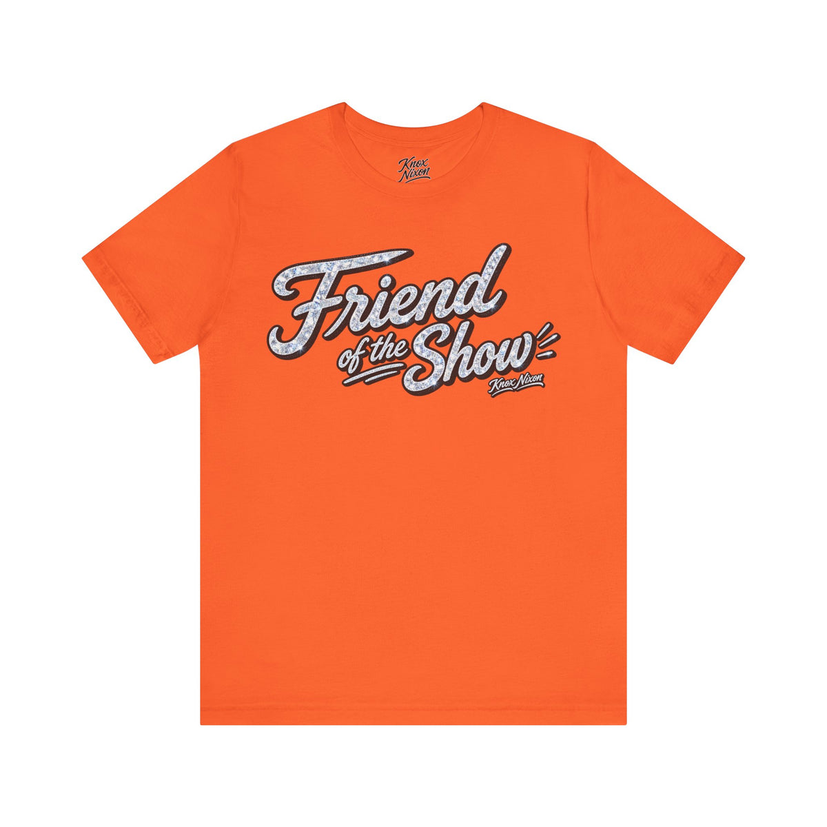 Knox Nixon FRIEND OF THE SHOW sparkle script graphic T-shirt in orange