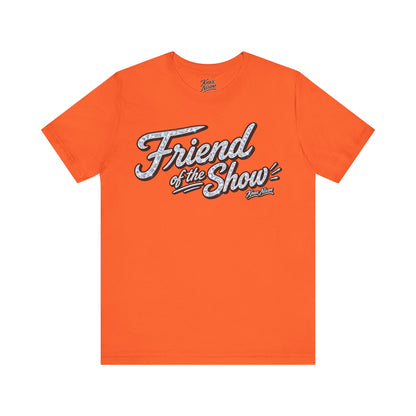 Knox Nixon FRIEND OF THE SHOW sparkle script graphic T-shirt in orange