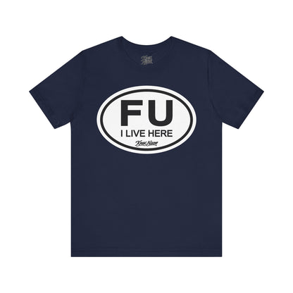 Knox Nixon FU I Live Here local graphic T-shirt in navy blue