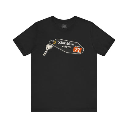 Knox Nixon No Questions Asked vintage motel key graphic T-shirt in black