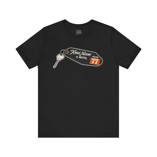 Knox Nixon No Questions Asked vintage motel key graphic T-shirt in black
