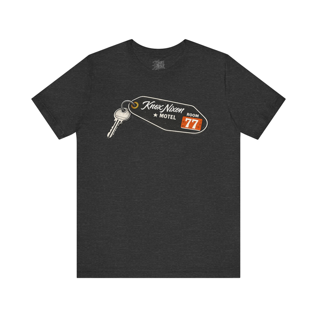 Knox Nixon No Questions Asked vintage motel key graphic T-shirt in dark grey heather