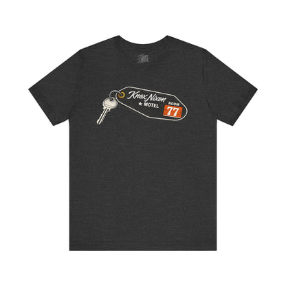 Knox Nixon No Questions Asked vintage motel key graphic T-shirt in dark grey heather