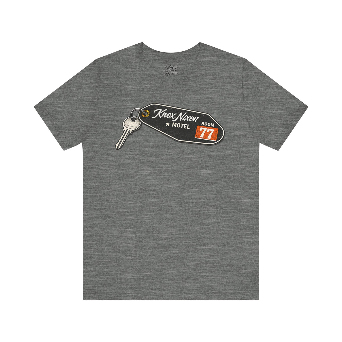 Knox Nixon No Questions Asked vintage motel key graphic T-shirt in deep heather grey