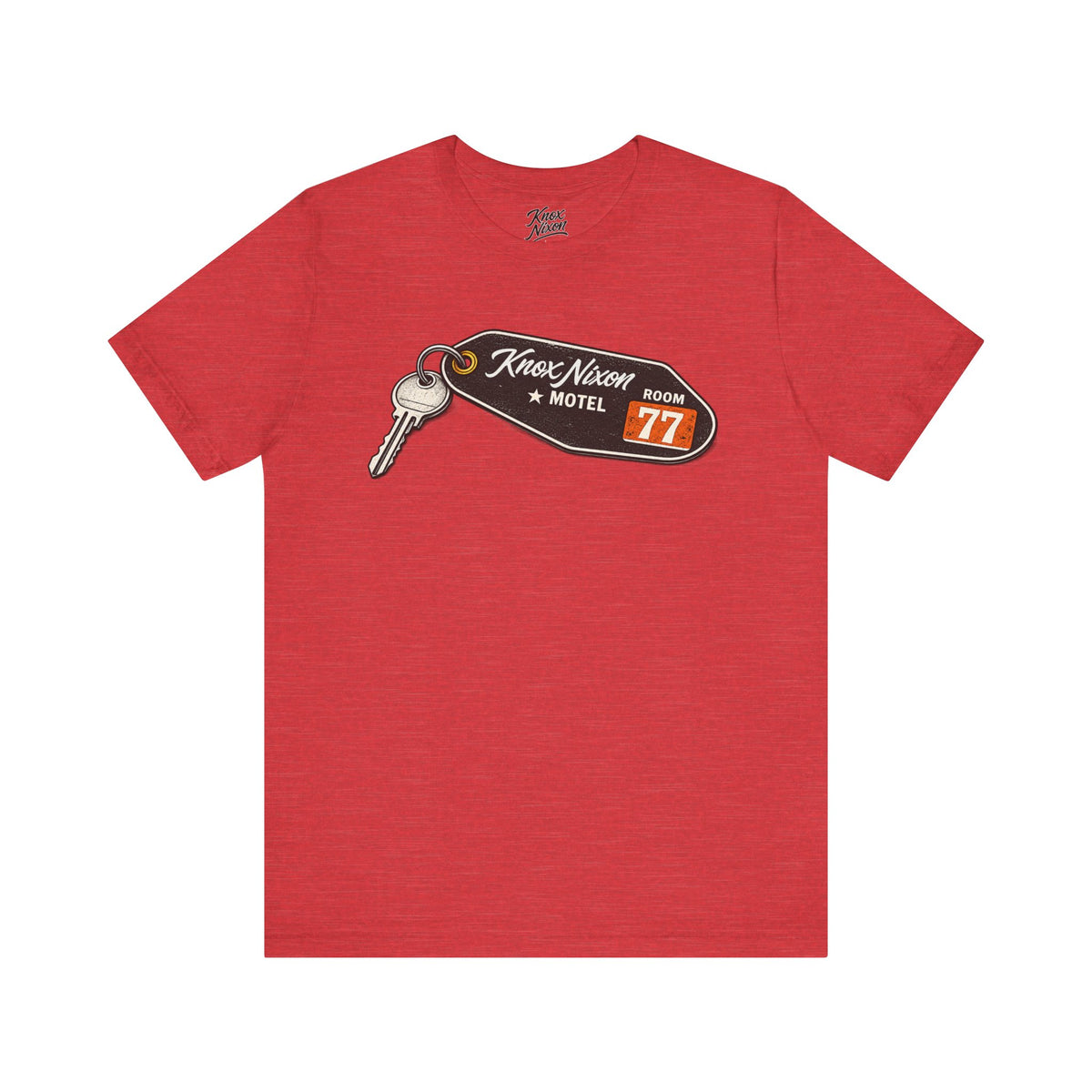 Knox Nixon No Questions Asked vintage motel key graphic T-shirt in heather red