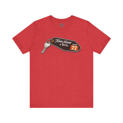Knox Nixon No Questions Asked vintage motel key graphic T-shirt in heather red