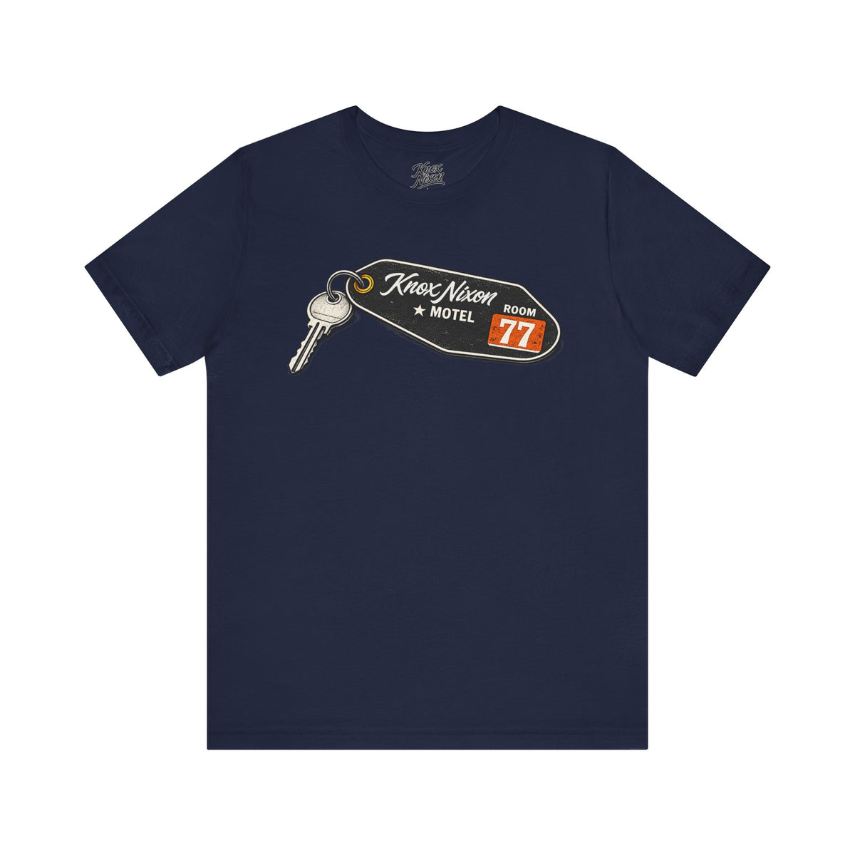 Knox Nixon No Questions Asked vintage motel key graphic T-shirt in navy blue