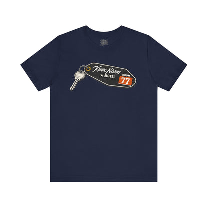 Knox Nixon No Questions Asked vintage motel key graphic T-shirt in navy blue