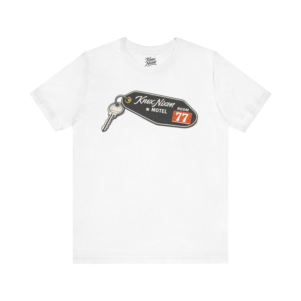 Knox Nixon No Questions Asked vintage motel key graphic T-shirt in white
