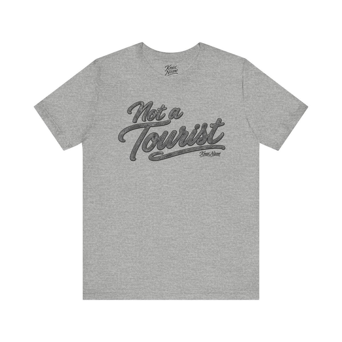 Knox Nixon NOT A TOURIST Dark script graphic T-shirt in athletic heather