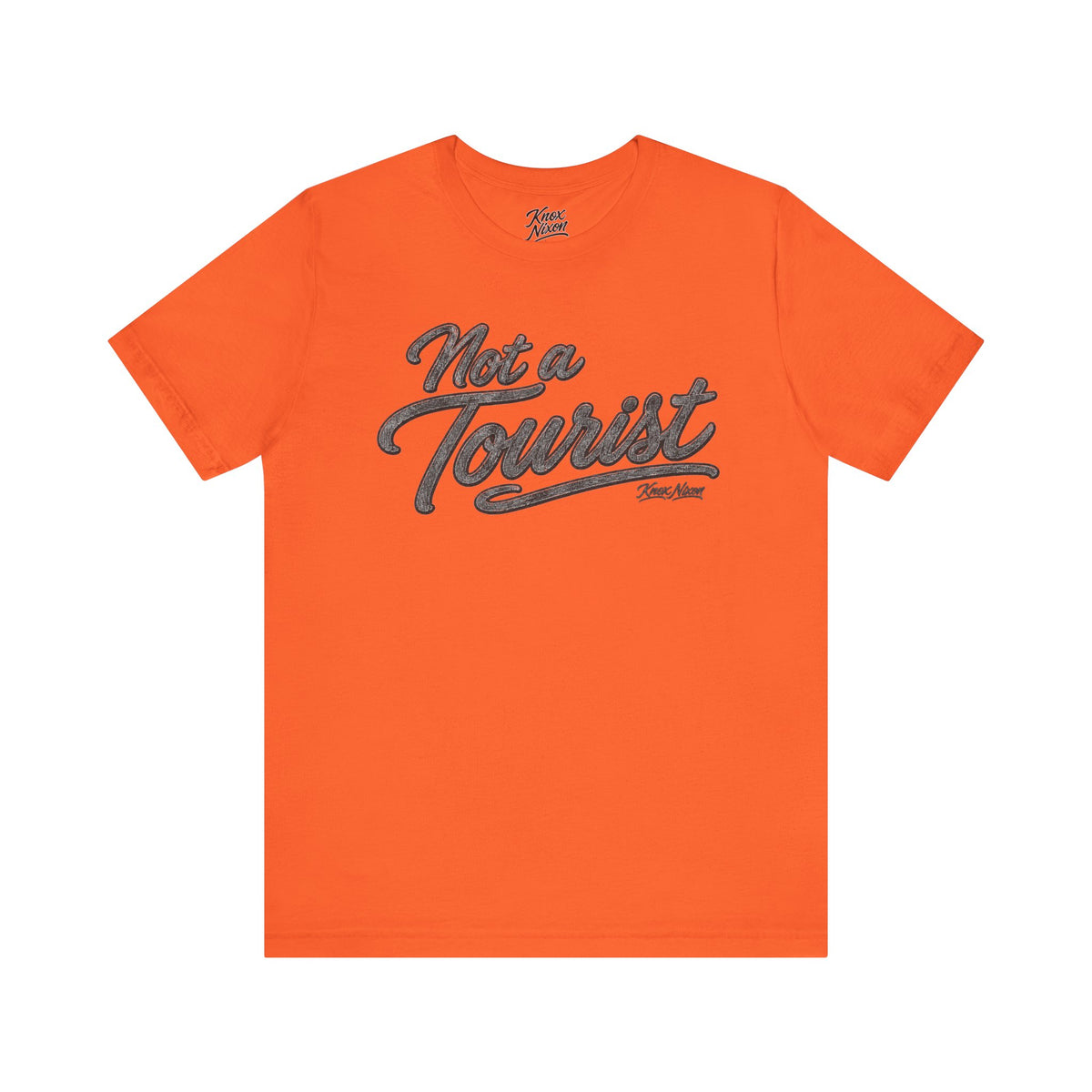 Knox Nixon NOT A TOURIST Dark script graphic T-shirt in orange