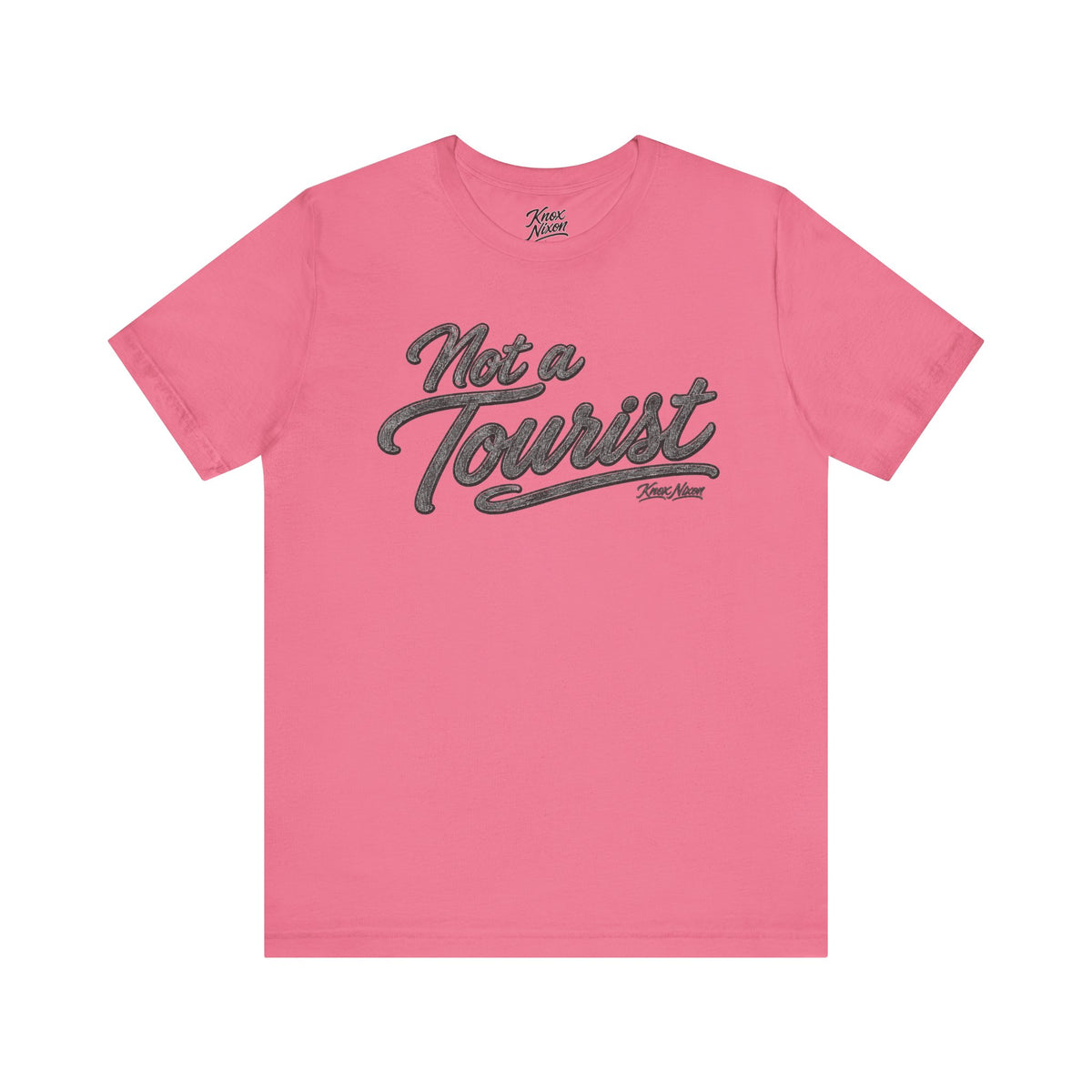 Knox Nixon NOT A TOURIST Dark script graphic T-shirt in pink