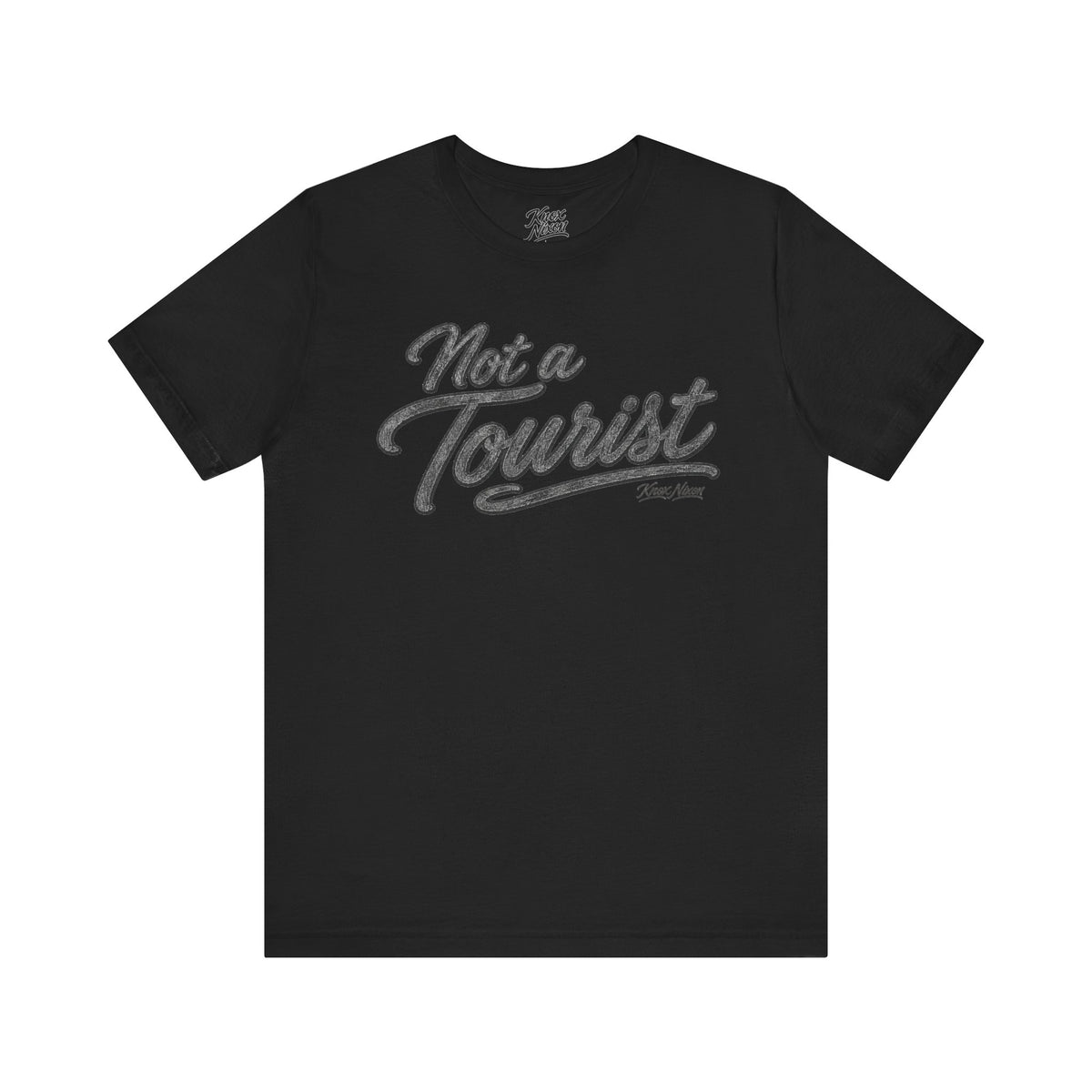 Knox Nixon NOT A TOURIST Dark vintage script T-shirt in black