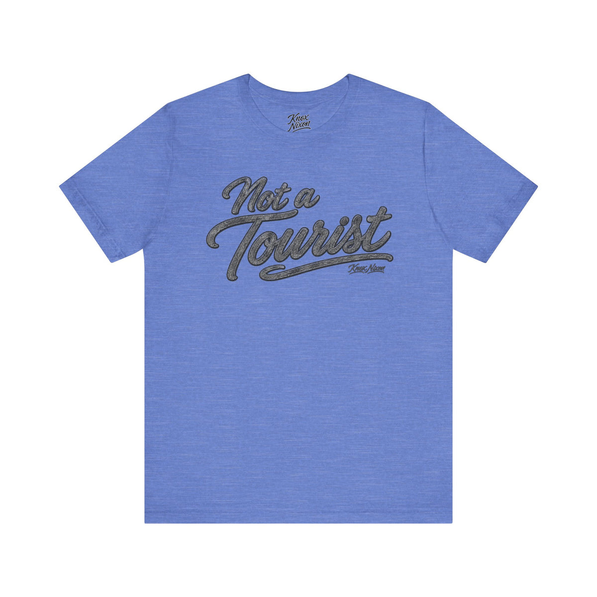 Knox Nixon NOT A TOURIST Dark vintage script graphic T-shirt in heather blue