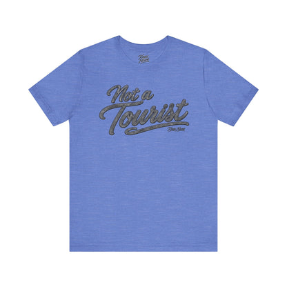 Knox Nixon NOT A TOURIST Dark vintage script graphic T-shirt in heather blue