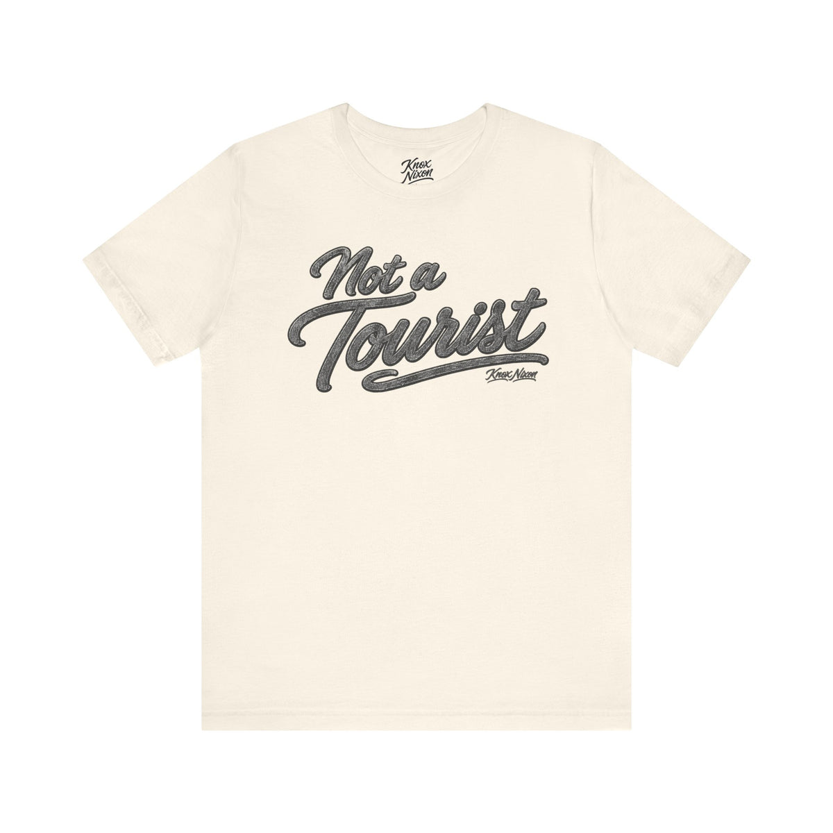 Knox Nixon NOT A TOURIST Dark vintage script T-shirt in natural