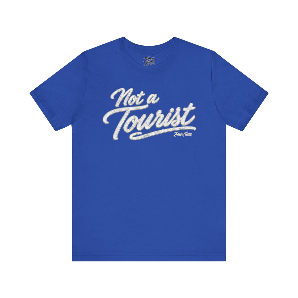 Knox Nixon NOT A TOURIST vintage script T-shirt in royal blue
