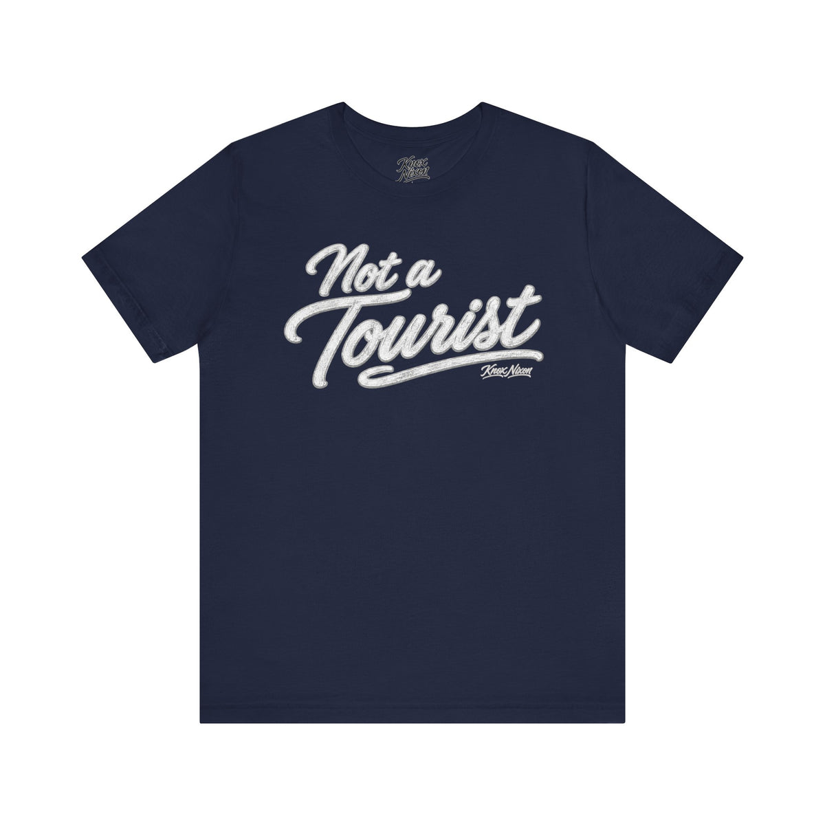 Knox Nixon NOT A TOURIST retro script T-shirt in navy